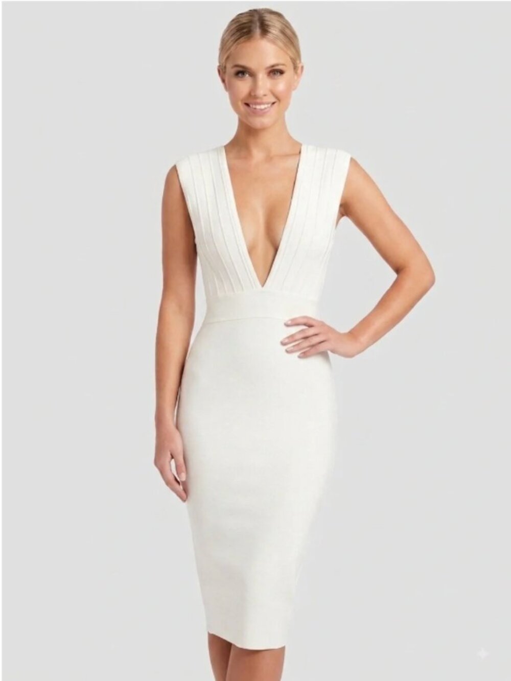 HOUSE OF CB Maxen White Deep V Plunge Bandage Midi Dress, Size S